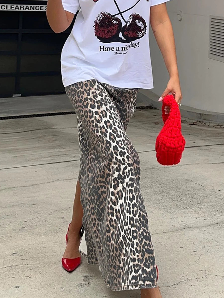 LIZAKOSHT  -  100% Cotton Fashion Split Skirt Women's Leopard Print Slim Fit Long Skirt Summer Office Lady Loose Straight Skirt