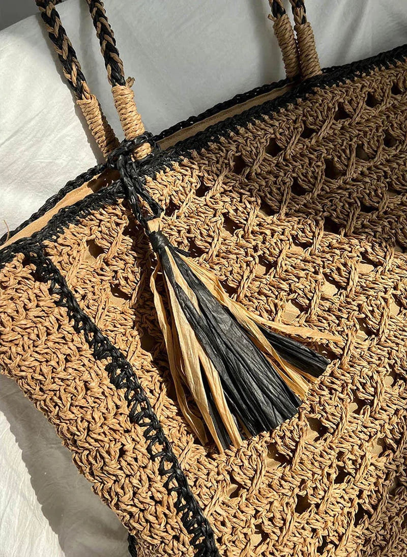LIZAKOSHT  -  Mesh Crochet Beach Bags Women Hollow Out Straw Woven Tote Bag Seaside Vacation Square Knitted Handbag with Tassel