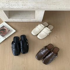 LIZAKOSHT  -  retro hollow out leather slippers women square toe double buckle sandals flat heel cutout mules shoes for woman sandalias mujer