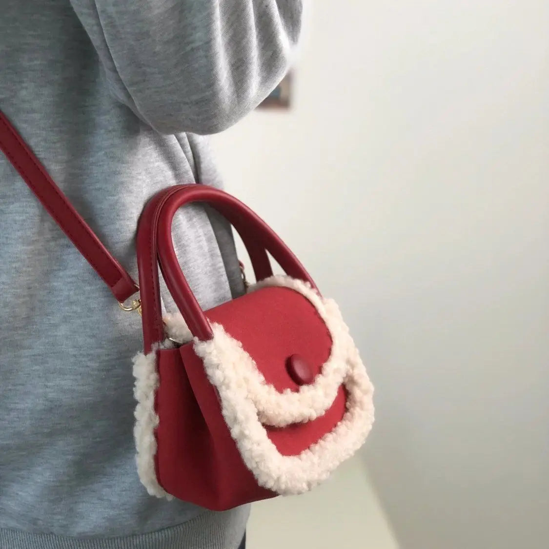 LIZAKOSHT  -  Korean Style Retro Lamb Wool Handbag Women Sweet Cute Square Crossbody Bag Ladies Christmas New Year Red Crossbody Bag