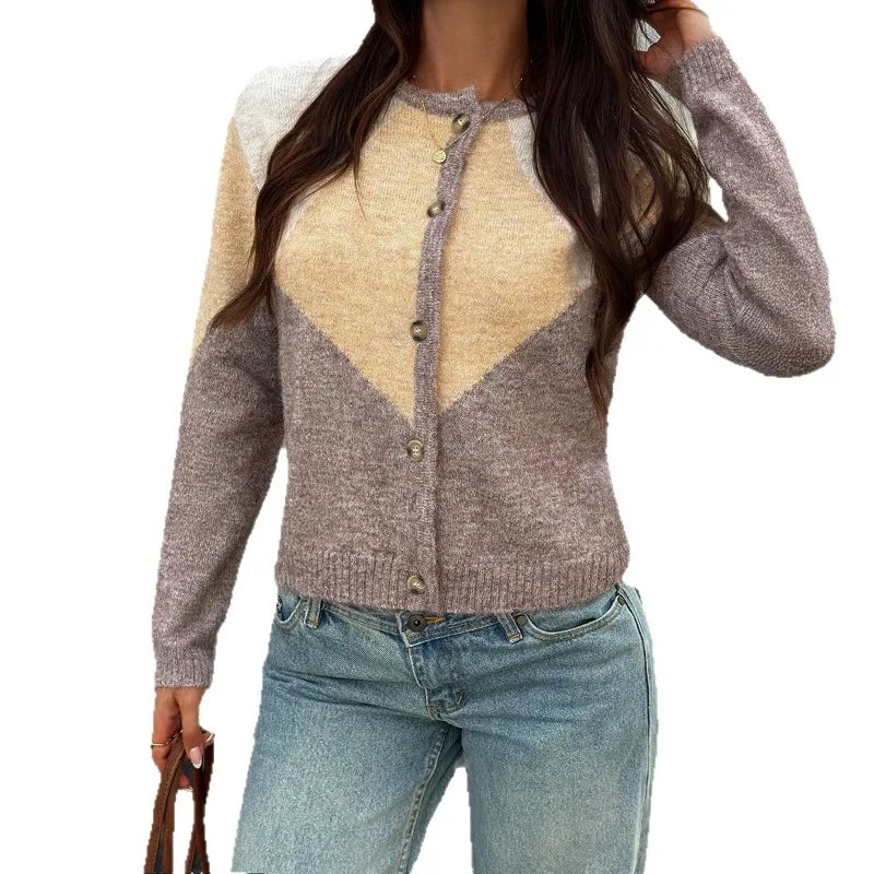  LIZAKOSHT  -  Women Round Neck Argyle Color Block Knit Cardigan Long Sleeve Button Front Cropped Sweater Casual Outerwear