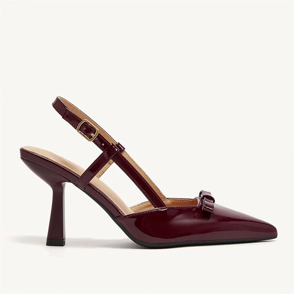 LIZAKOSHT  -  Women's Size 41 Elegant Burgundy Pointy Toe Slingback Pumps Summer Bowknot High Kitten Heels Black Office Lady Shoes