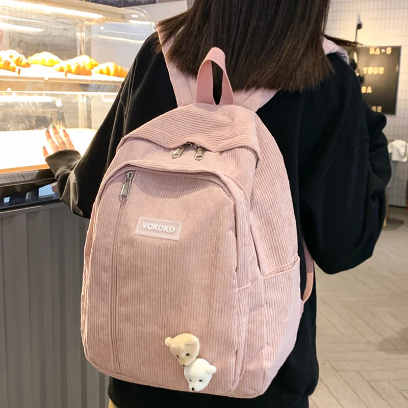LIZAKOSHT  -  Stripe Cute Corduroy Woman Backpack Schoolbag For Teenage Girls Boys Luxury Harajuku Female Fashion Bag Student Lady Book Pack