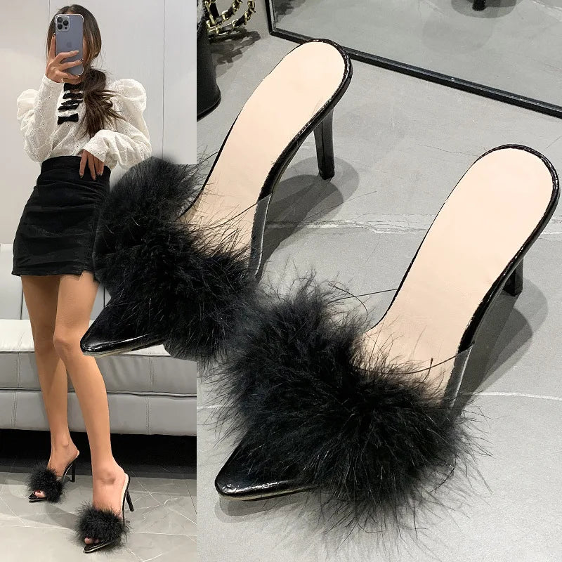 LIZAKOSHT  -  41-43 big size fur sandals high heels transparent slippers women brand designer feather sandalias mujer pointy open toe slides