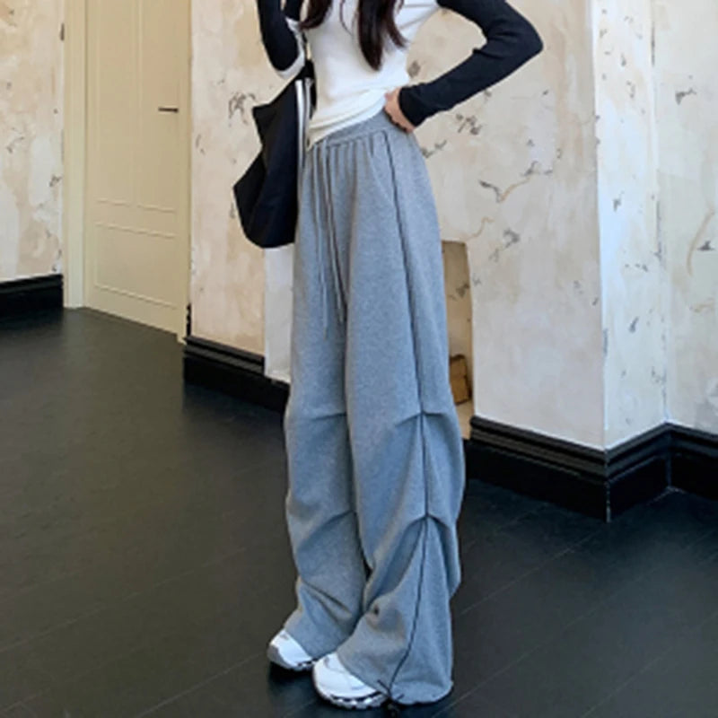 LIZAKOSHT  -  American Sweatpants Women  Fall Chic Fashion Casual Wide-Leg Pants Straight Parachute Loose Side Striped Soild Cargo Trousers