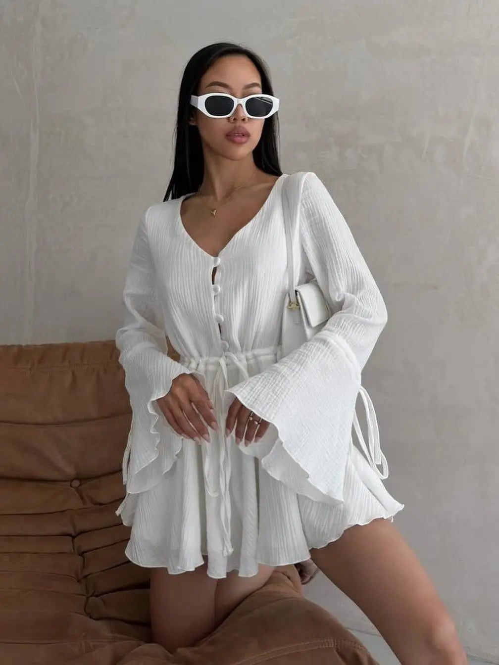 LIZAKOSHT  -  Autumn New American Cute Drawstring Flared Sleeve V-neck Dress for Women Lace-up Daily Long-sleeved Dress for Age Reduction