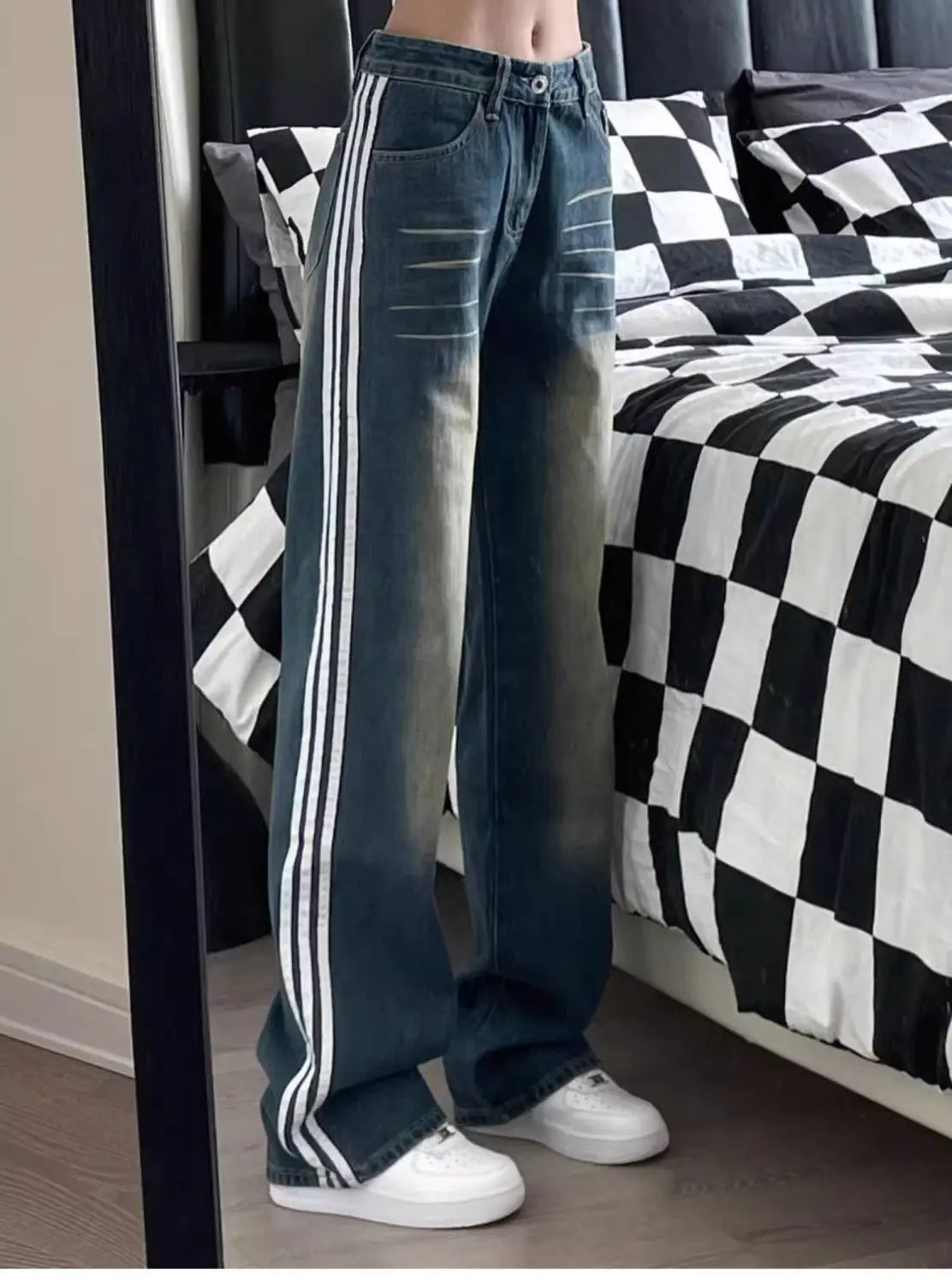 LIZAKOSHT  -  Jeans Side Stripe High Waist Streetwear Retro Washed 2024 Summer New American Women Leisure Loose Leg Straight Leg Pants