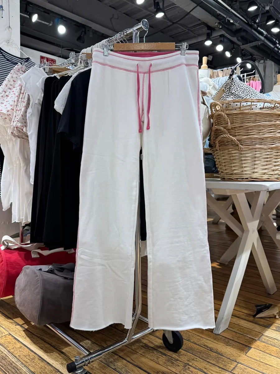 LIZAKOSHT  -   Contrast Stitching Thin Cotton Fleece Pant Woman Winter Low Waist Drawstring Straight Trousers Casual White Sport Sweatpants