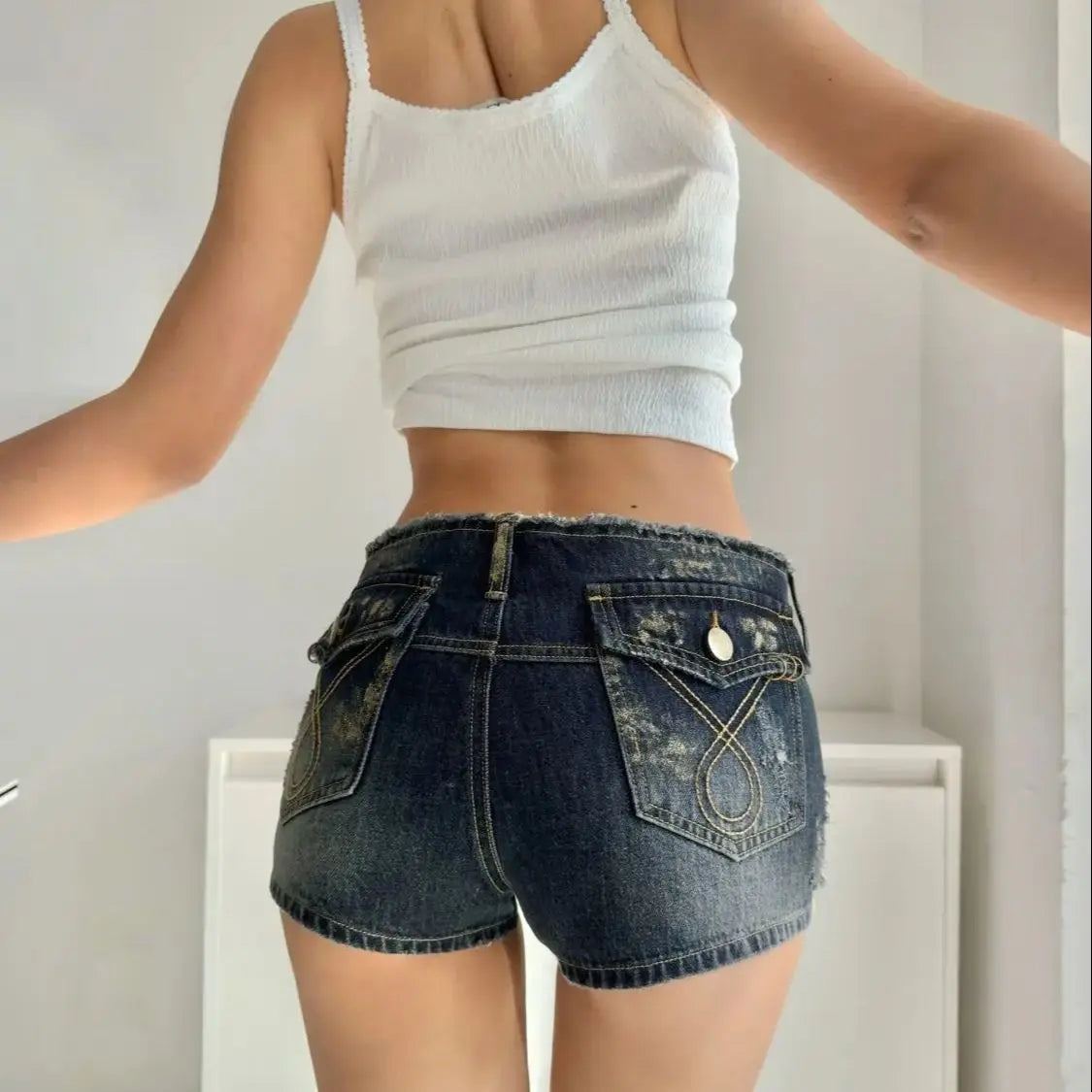 LIZAKOSHT  -  American Super Shorts Y2k Hot Girl Style Hot Pants Women Retro Low-Waisted Slim Fit Worn A-Line Denim