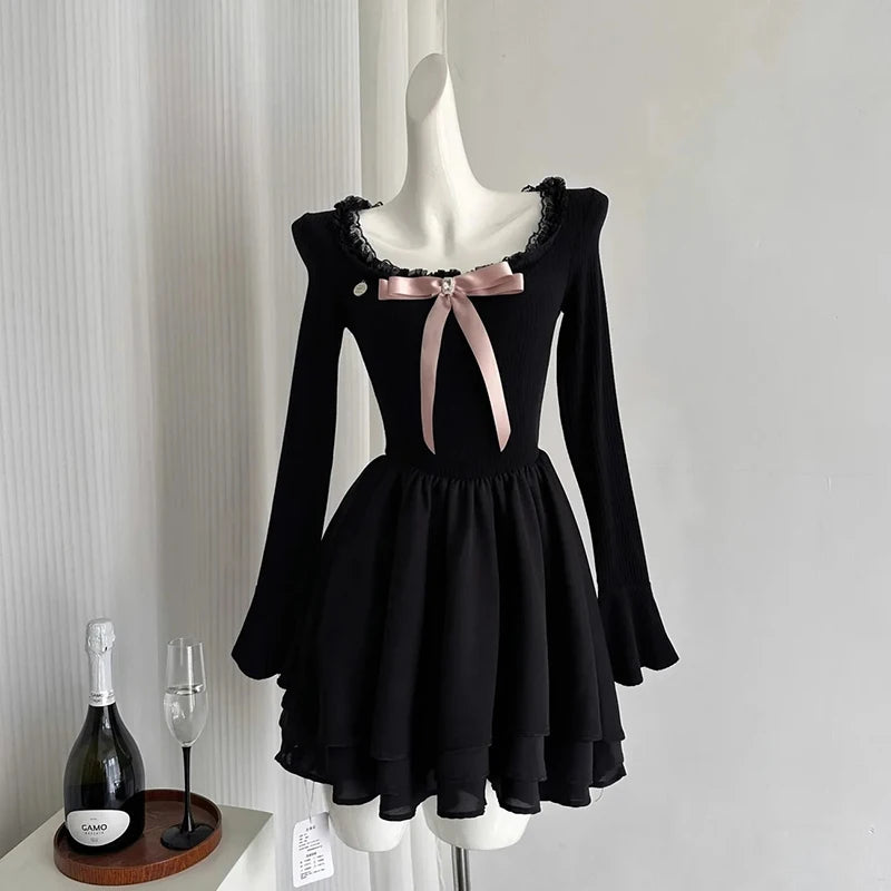 LIZAKOSHT  -  Fashion Sweet Women Mini Dress Autumn Bow Lace Patchwork Slim Fit Long Sleeve Knitted Dress Gentle Elegant Chic Female Vestidos