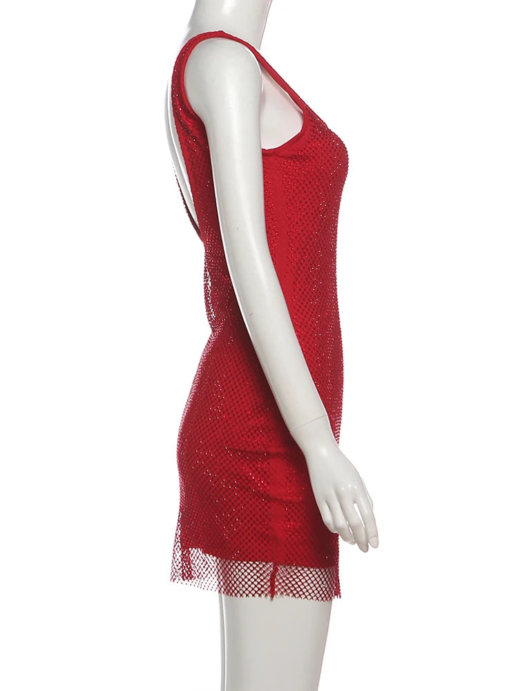 LIZAKOSHT  -  Square Collar Dress Women Sexy Sleeveless Christmas Shiny Thread Patchwork Wild Hottie Party Club Peach Hip Mini Bodycon