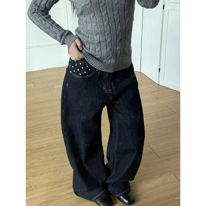 LIZAKOSHT  -  Autumn Winter Fashion Women Nail Drill Jeans Causal Wide Straight Leg Studded Rhinestone Decor Denim Pants with Pockets