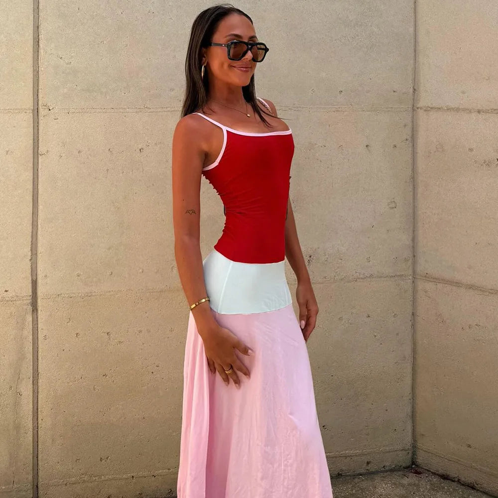 LIZAKOSHT  -  Women's Casual Sexy Spaghetti Strap Patchwork Vacation Dress Streetwear Y2K Ladies Sleeveless Backless Slim Fit  Beach Dresses