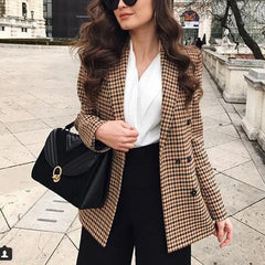LIZAKOSHT -  Work Office Lady Suit Slim Double Breasted Business Female Blazer Fashion Autumn Women Plaid Blazers and Jackets Coat Pockets