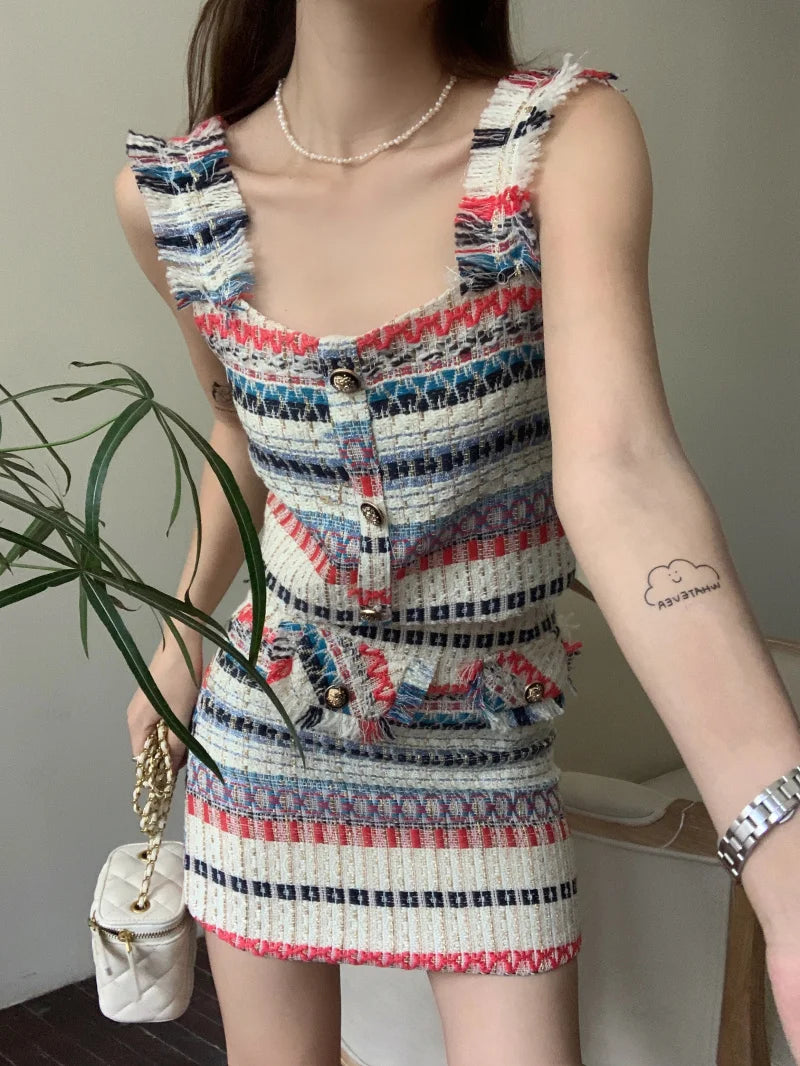 Lizakosht Summer Elegant Sexy Tweed Stripe 2 Piece Set Women Short Vest Crop Top + A-line Skirt Vintage Two Piece Skirt Set Outfits