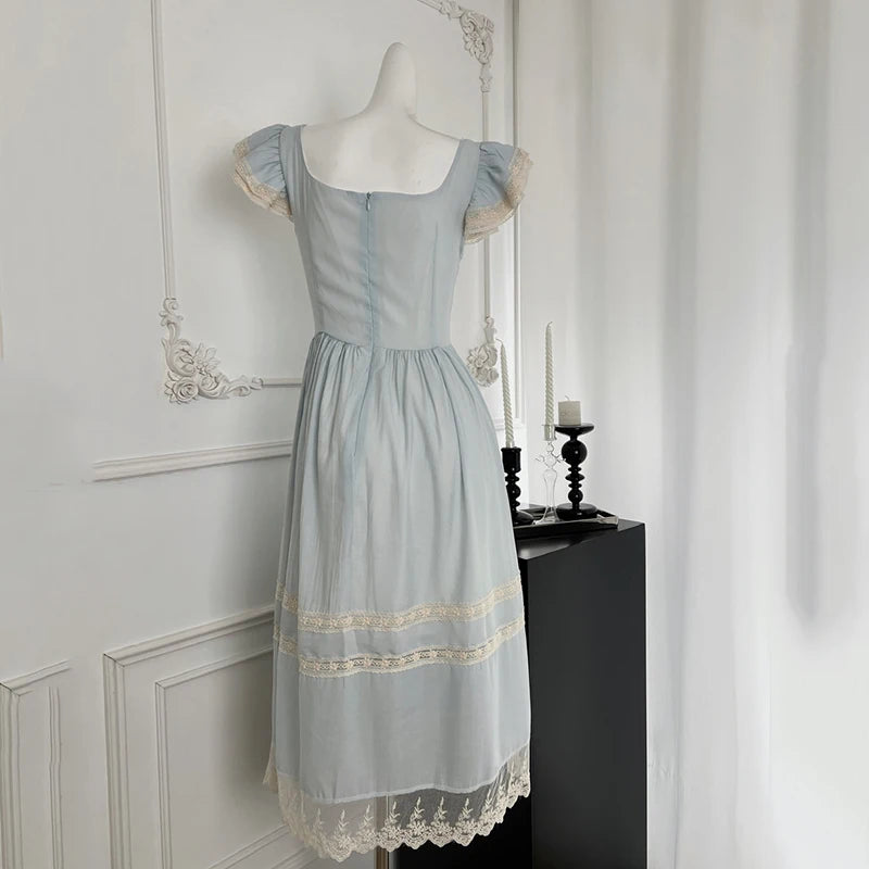 LIZAKOSHT  -  Summer Lace Patchwork Dress Fashion Retro Small Flying Sleeves Dress Women Sleeveless Seaside Holiday Long Dress