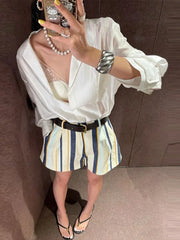 LIZAKOSHT  -  Striped Pleated Casual Bottom Adjustable Waist  A-Line Spring Summer Chic Seaside Shopping Casual Work Women Retro Outfit