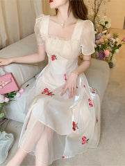 LIZAKOSHT  -  Vintage Square Collar Embroidered Fairy Dress Chiffon Dress formal dress women elegant robe longue mousseline de soie floral