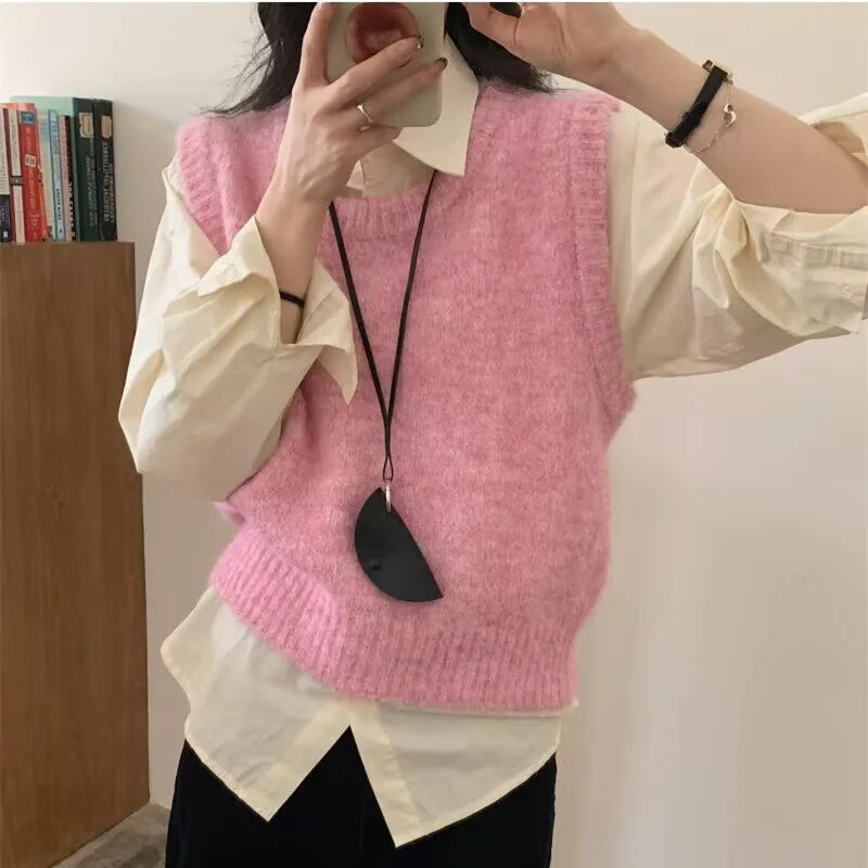 LIZAKOSHT  -  Women Cute Sweater Vest Basic Solid Color Warm Knit Tank Tops Sleeveless Pullover Knitwear For Women Spring Streetwear
