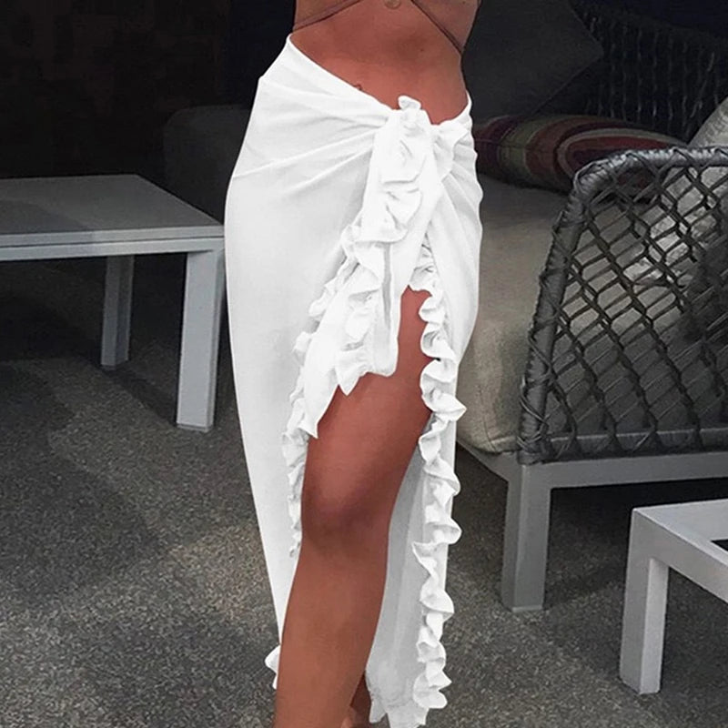 LIZAKOSHT  -  Sweet Ruffls Slit Beach Bikini Cover Up Sexy Transparent Chiffon One Piece Wrap Scarf Swimwear Solid Color All Match Long Skirts