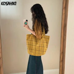 LIZAKOSHT  -  College Students Tote Bags Vintage Contrast Color Plaid Handbags New Streetwear Women Casual Shoulder Underarm Bag Y2k Aesthetic