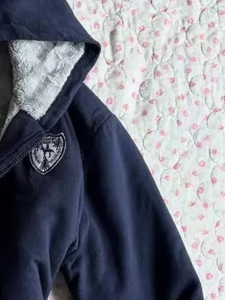 LIZAKOSHT  -  Y2k Aesthetic Embroidery Vintage Warm Hooded Coats Streetwear Women Casual Pocket Jackets Autumn Harajuku Punk Zipper Jacket