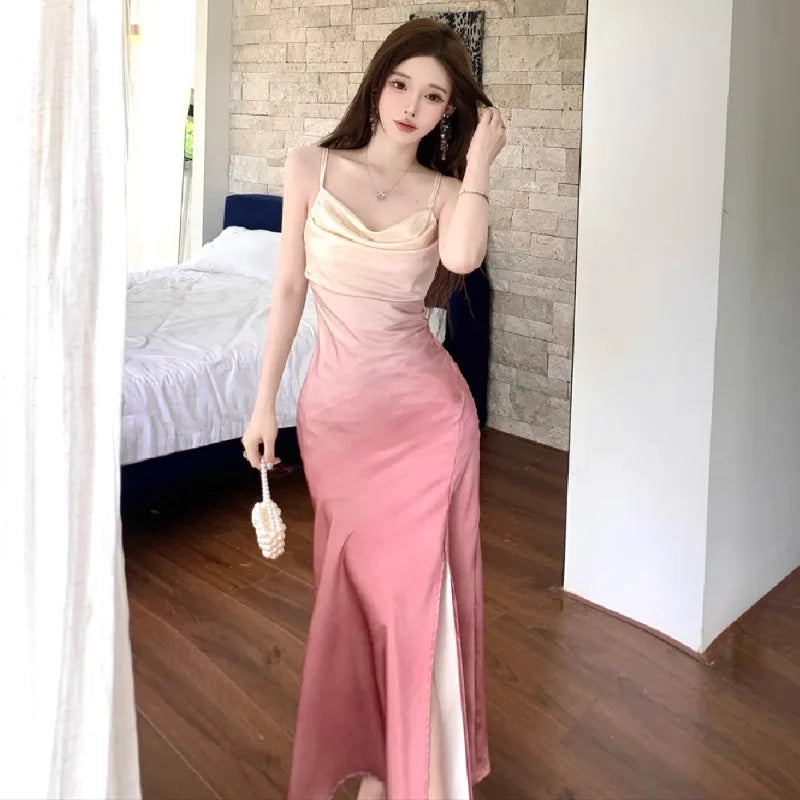 LIZAKOSHT  -  Fashion Sexy Dresses Women Elegant Sleeveless Slash Neck Split Ruched Backless Gradient Dresss Party Female Club