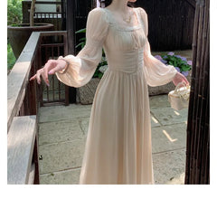 LIZAKOSHT  -  Korea Style Women's Long Nightdress Solid Square Collar Lace Patchwork Ladies Nightgown Long Sleeve Princess Night Dress Female