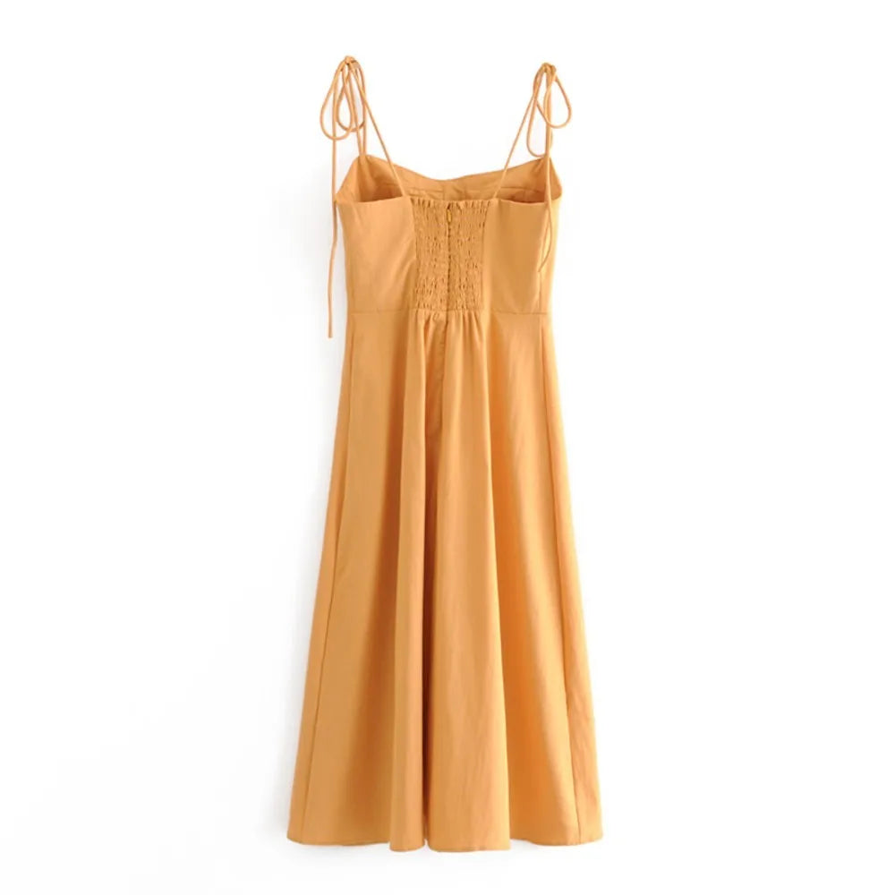 LIZAKOSHT  -  Sexy Solid Yellow Corset Style Bow Lacing up Strap Sling Dress Retro French Style Women Hem Slit Midi Long Dresses Holiday Robe