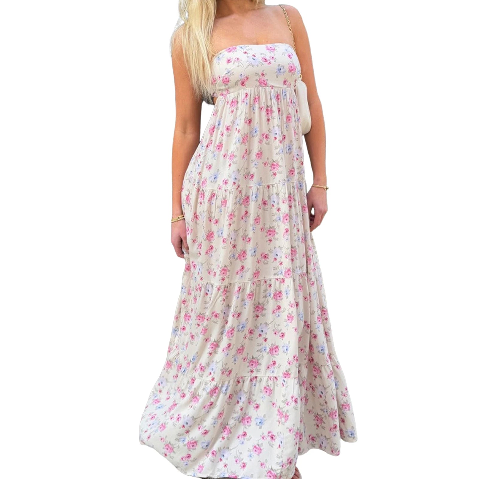 LIZAKOSHT  -  Elegant Off-Shoulder Maxi Dress with Boho Floral Print and Lace-Up Back Detail for Summer Wedding Party or Vacation Beachwear