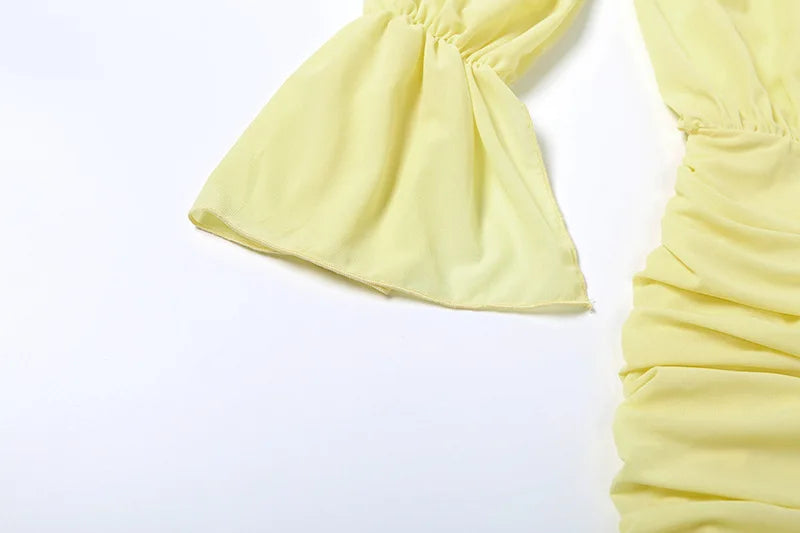 LIZAKOSHT  -  Elegant Sexy Yellow Ruffles Ruched Boydcon Mini Dress Women Lace Up Slash Neck Off Shoulder Flare Long Sleeve Party Clubwear