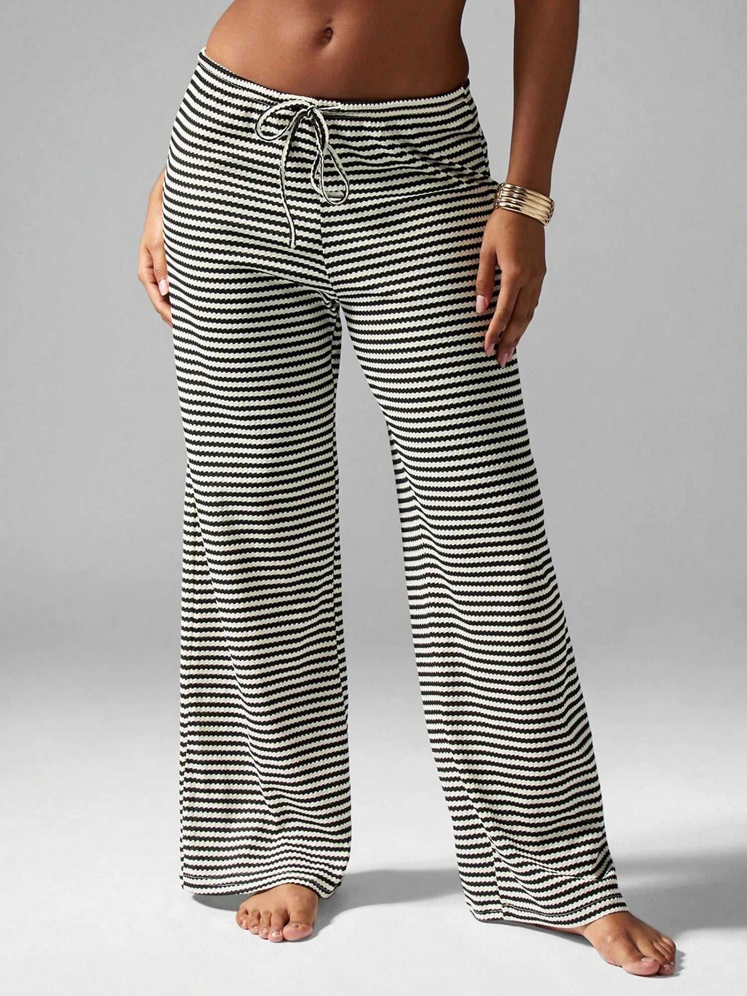 LIZAKOSHT  -  Stylish Women s Striped Trousers with Drawstring Waistband Loose Fit and Low Rise - Versatile Casual Pants for Any Occasion