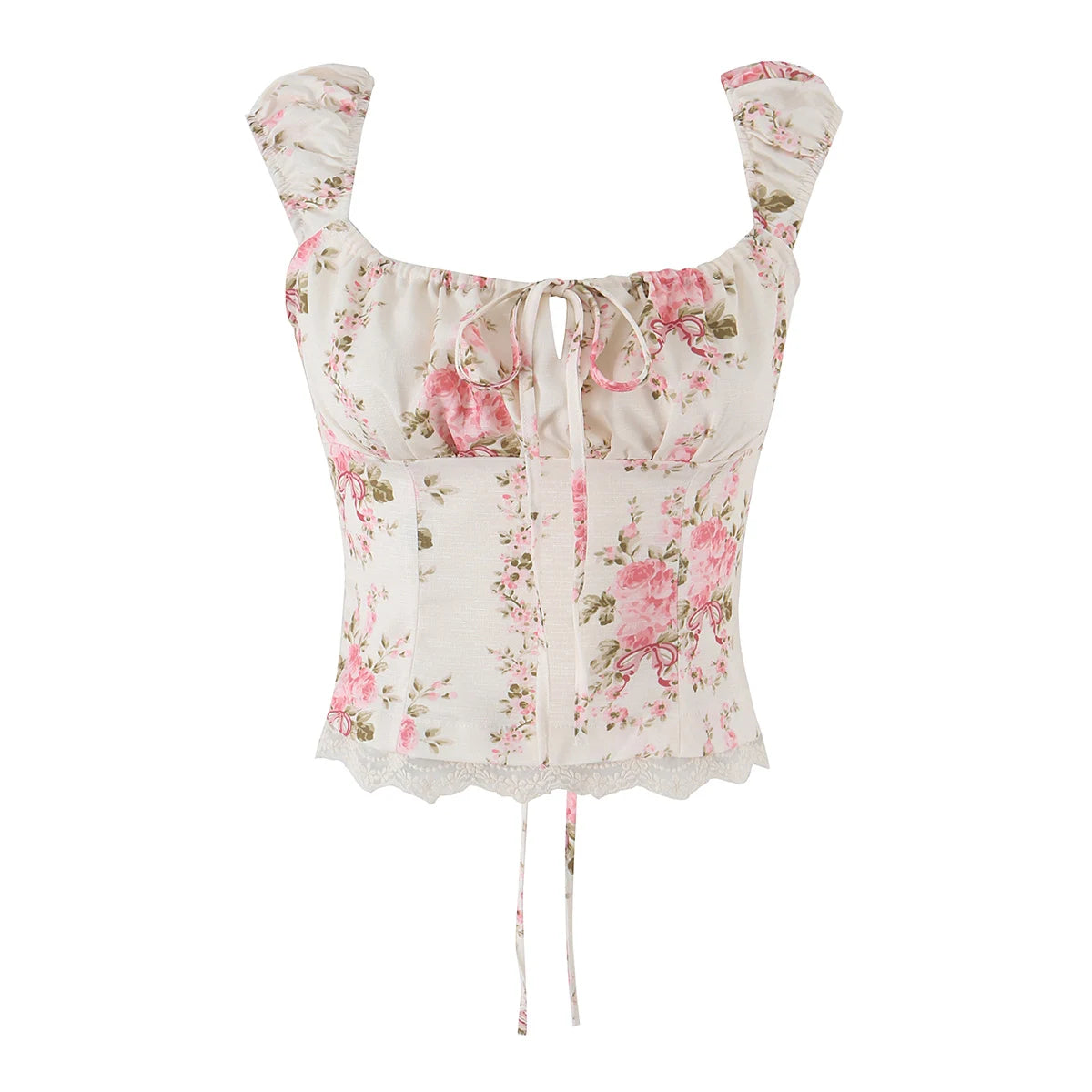 LIZAKOSHT  -  Sexy Pink Floral Print Bow Collar Elastic Strap Tank Top Slim Corset Women Lacing up Sashes Back Lace Hem Side Zipper Crop Vest