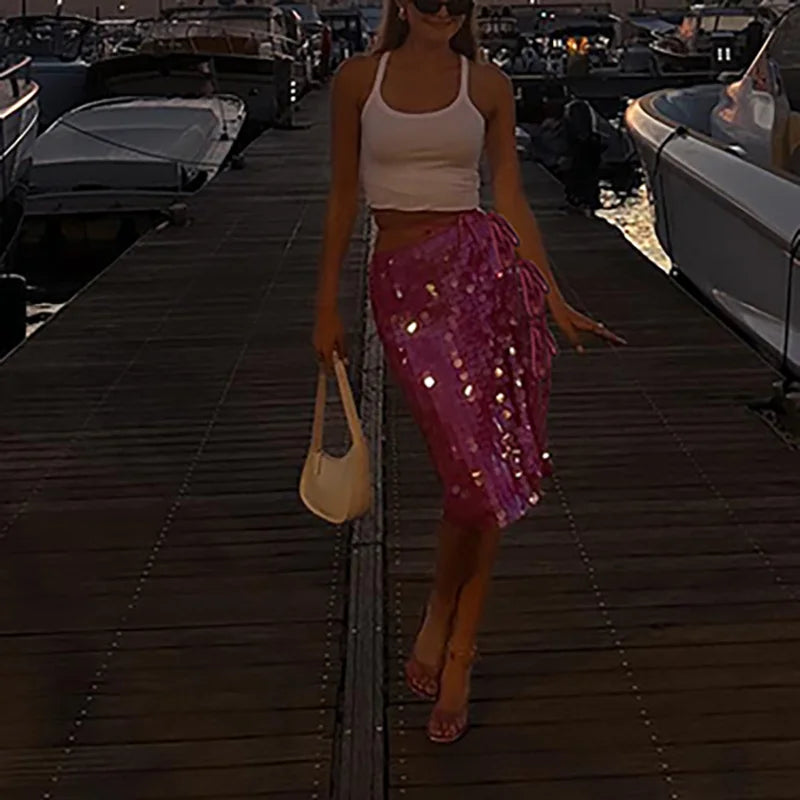 LIZAKOSHT  -  Early Spring Hot Girl Sequins Half SkirtsSexy Hollow Out Side Lace-up Solid Color Wrap Hips Skirts Fashion Slim Glitter Skirts