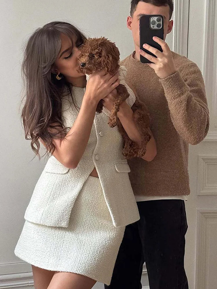 LIZAKOSHT  -  Elegant Tweed Vest Mini Skirt Woman's Set Vintage White O-neck Single Breasted Vests A-lined Skirts Sets Lady Chic Street Outfit