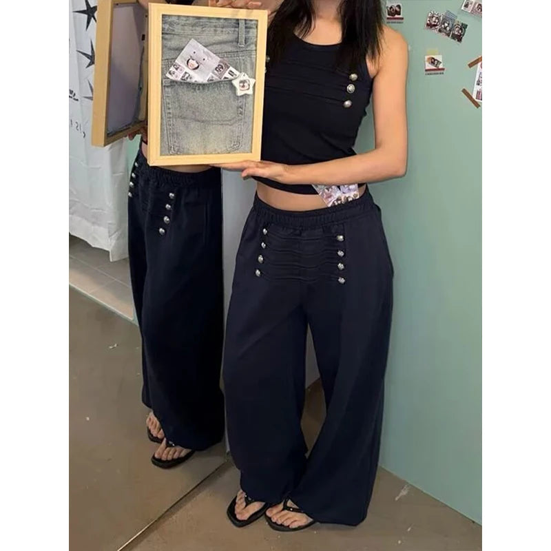 LIZAKOSHT  -  American Retro Wide Leg Sweatpants Women's Autumn Winter Multi-Button Elastic Waist Straight Loose Slimming Floor-Length Casual