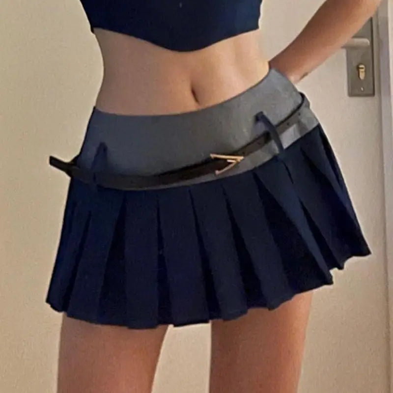 LIZAKOSHT  -  Pleated Stitching, Contrasting Colors + Belt To Cover Crotch Slimming Sweet And Spicy Skirt Short Skirt American Style For Women
