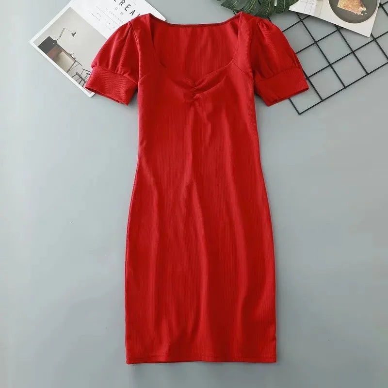LIZAKOSHT  -  Sexy Mini Skirt Dress with Pleats Bodycon Short Dress Low Cut Square Collar Bubble Sleeve Women's Clothing Club Dress