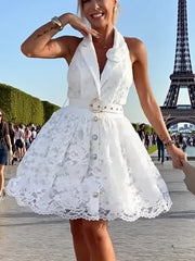 LIZAKOSHT  -  Embroidery Short Dress For Women 2025 Summer Elegant Female Dresses Halter Turn-down Collar Sleeveless Lace Backless Vestidos