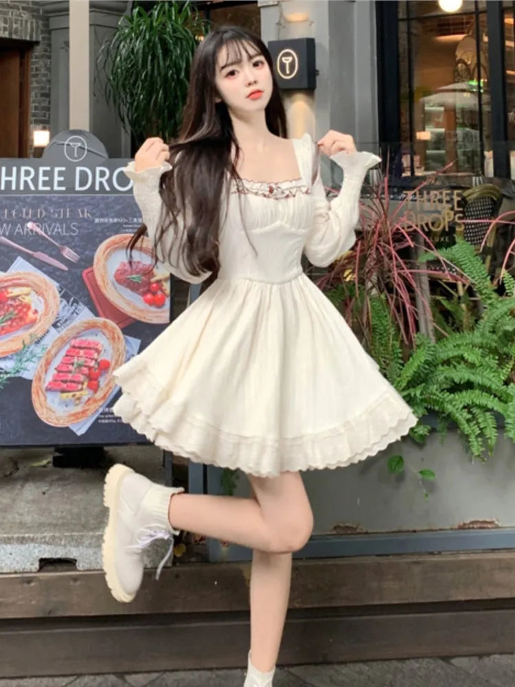 LIZAKOSHT  -  Sweet Apricot Short Dresses for Women Flare Sleeves Square Collar Ruffles A-line High Waist Korean Fashion Mini Vestidos Mujer