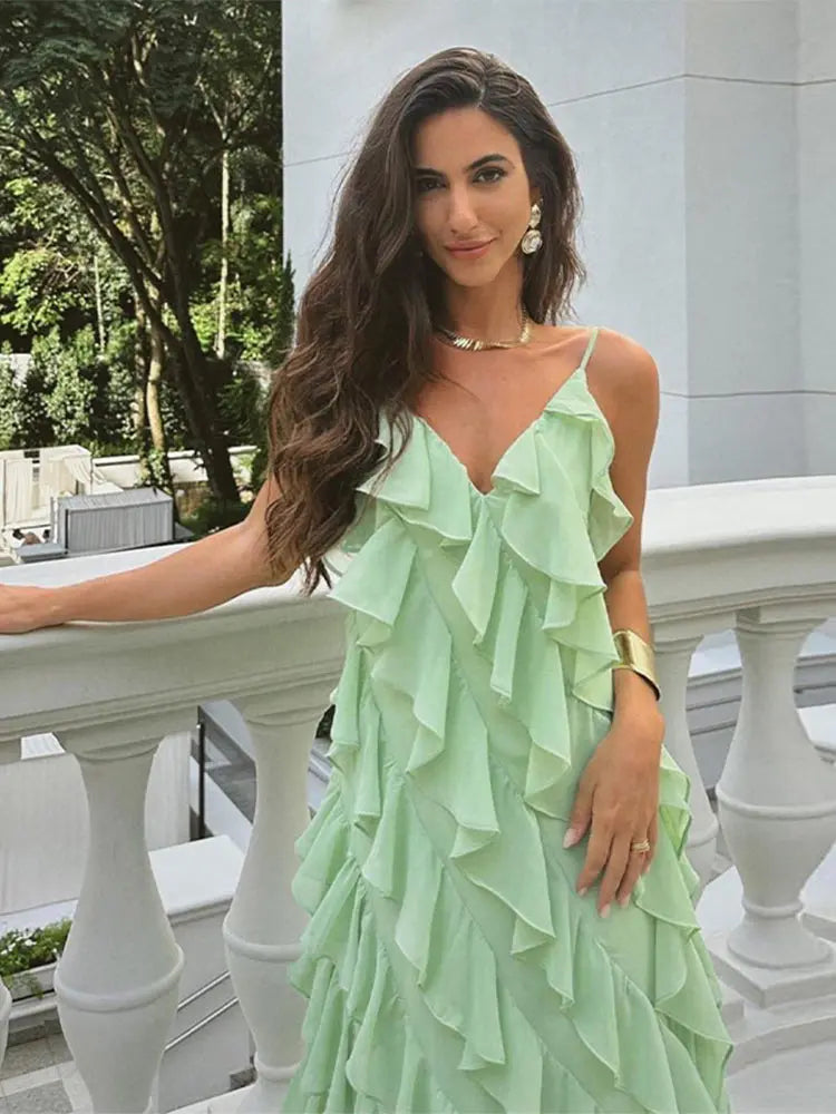 LIZAKOSHT  -  Fashion Green Women Sling Maxi Dress Elegant V-neck Sleeveless Slim Dresses 2024 Summer Female Chic Beach Vacation Robes