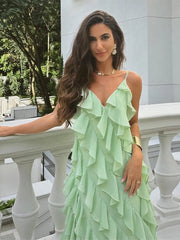 LIZAKOSHT  -  Fashion Green Women Sling Maxi Dress Elegant V-neck Sleeveless Slim Dresses 2024 Summer Female Chic Beach Vacation Robes