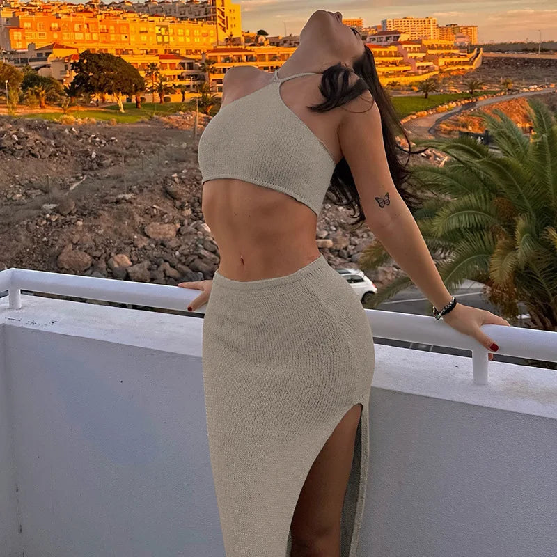 LIZAKOSHT  -  Summer Women's Solid Color Lace-up Chest-wrapped Split Skirt Two-piece Leisure Holiday Fashion Suit