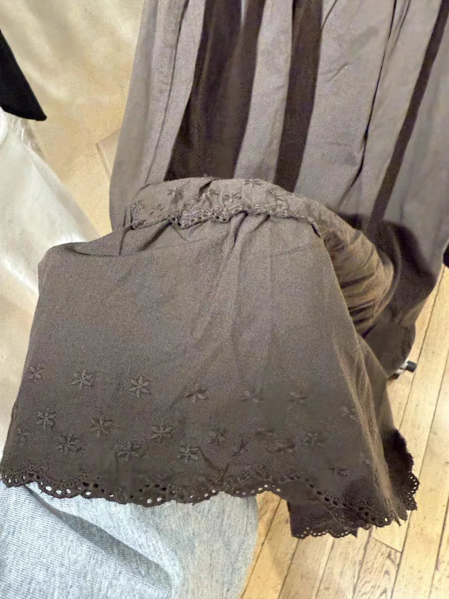 LIZAKOSHT  -  Floral Embroidery Midi Skirt Woman Autumn Lace Trim Low Waist A-line Cotton Faldas Female Brown Vintage Preppy Style Skirts Y2k