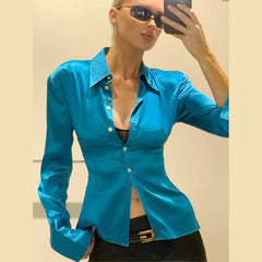 LIZAKOSHT  -  Stylish Delicate Lapel Slim-fit Women Tops Personality Long Sleeves Waist-cinching Blouse Lady New Good-looking Streetwears