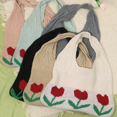 LIZAKOSHT  -  Floral Knitted Hollow out Yarn Single Shoulder Bag Vintage Style round Cylinder Soft Polyester Fiber Beach Travel Handbag