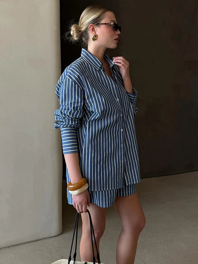LIZAKOSHT  -  Casual Striped Shorts Suits Women Loose Lapel Long Sleeves Single Breasted Shirts Set Female 2025 Summer Fashion Chic Sets Lady