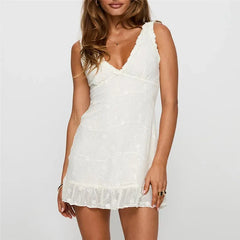LIZAKOSHT  -  Y2K Vintage Floral Jacquard Sleeveless V-Neck Slim Fit Dress Women's Summer Mini Tank Dress Party Club Holiday Beach Sundress