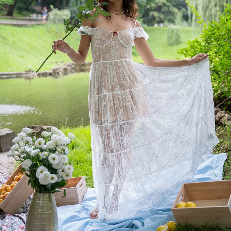 LIZAKOSHT  -  French Style Lace Solid Color Evening Dress Summer New Slash Collar Garden Party Dress Elegant High Waist Pleated Banquet Dress