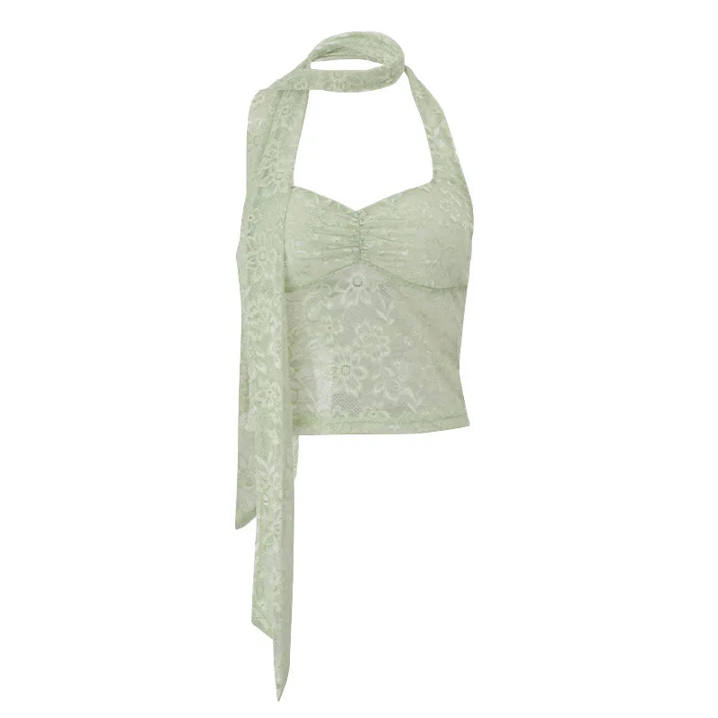LIZAKOSHT  -  Sexy Halter Lace See Through Crop Top for Women Summer Backless Party Street Tank Low Cut Tops Y2K Fashion Basic T-Shirts Vest